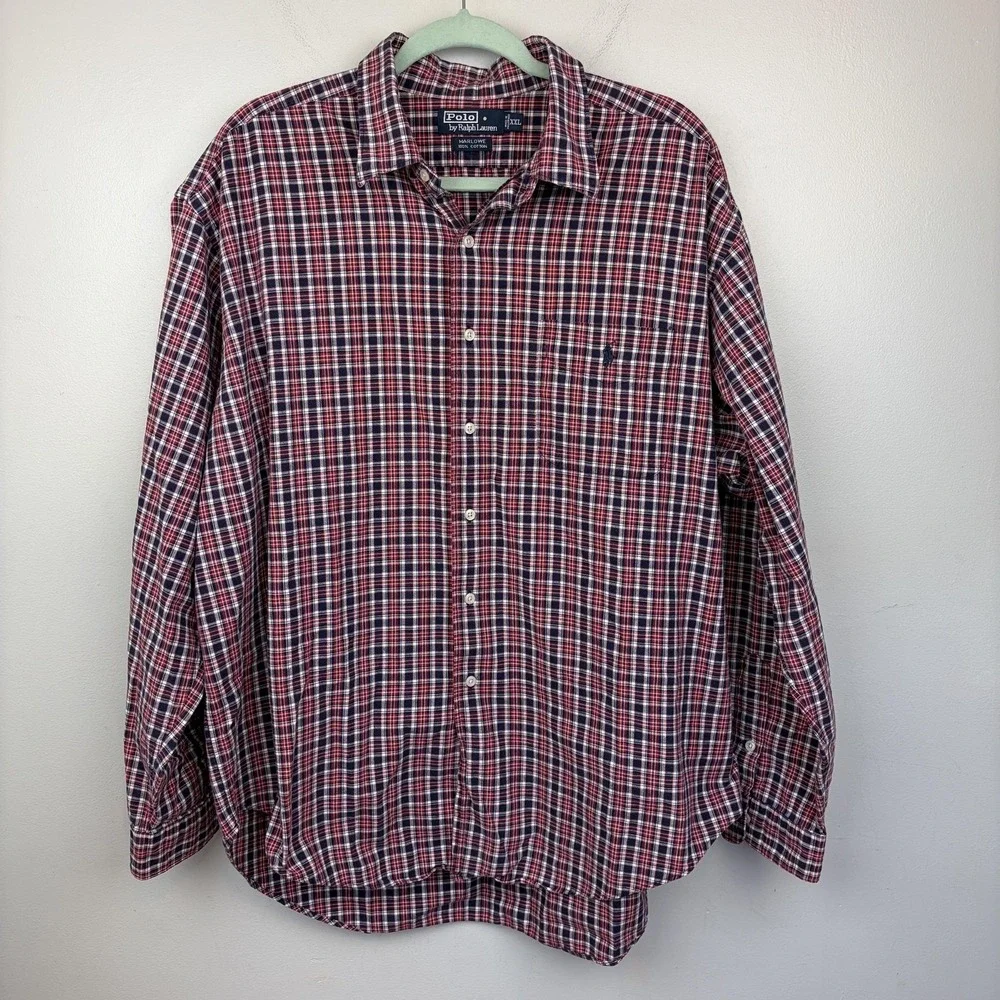Polo Ralph Lauren Shirt Mens‎ 2XL Red Blue Plaid Marlowe Button Front Cotton